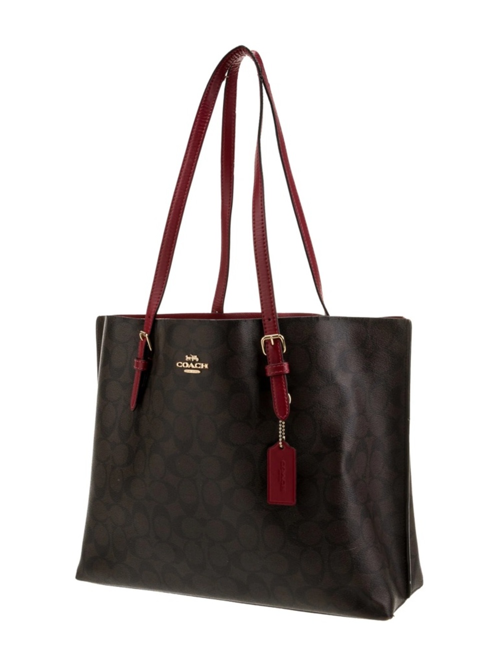 Coach Mollie Brown Black Signature Coated Canvas Red Leather Tote LIKE NEW ✨